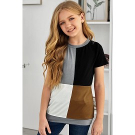 Brown Round Neck Color Block Little Girl T-shirt