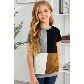 Brown Round Neck Color Block Little Girl T-shirt