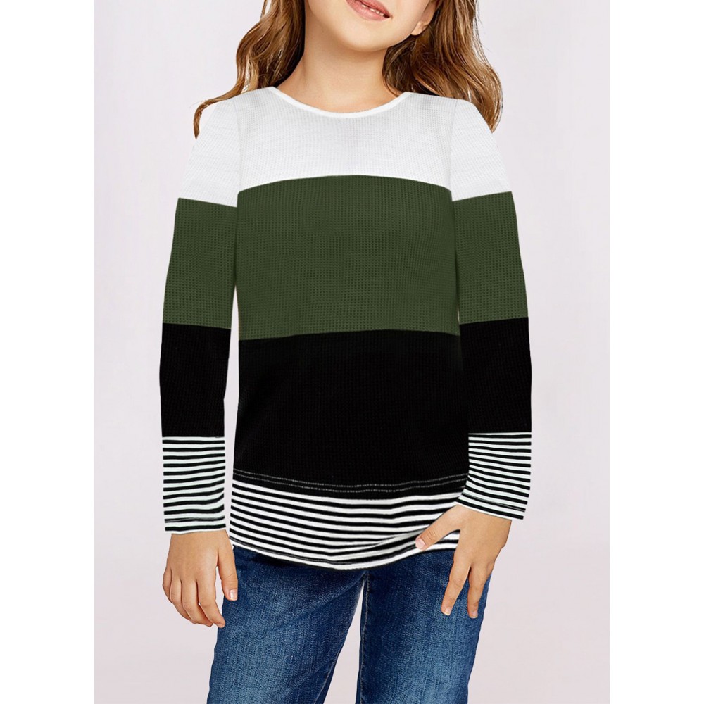Green Colorblock Pullover Little Girl Long Sleeve Top