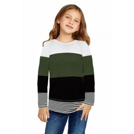 Green Colorblock Pullover Little Girl Long Sleeve Top