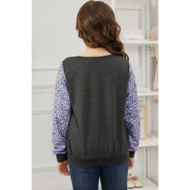Gray Leopard Raglan Sleeve Patchwork Little Girl Sweatshirt
