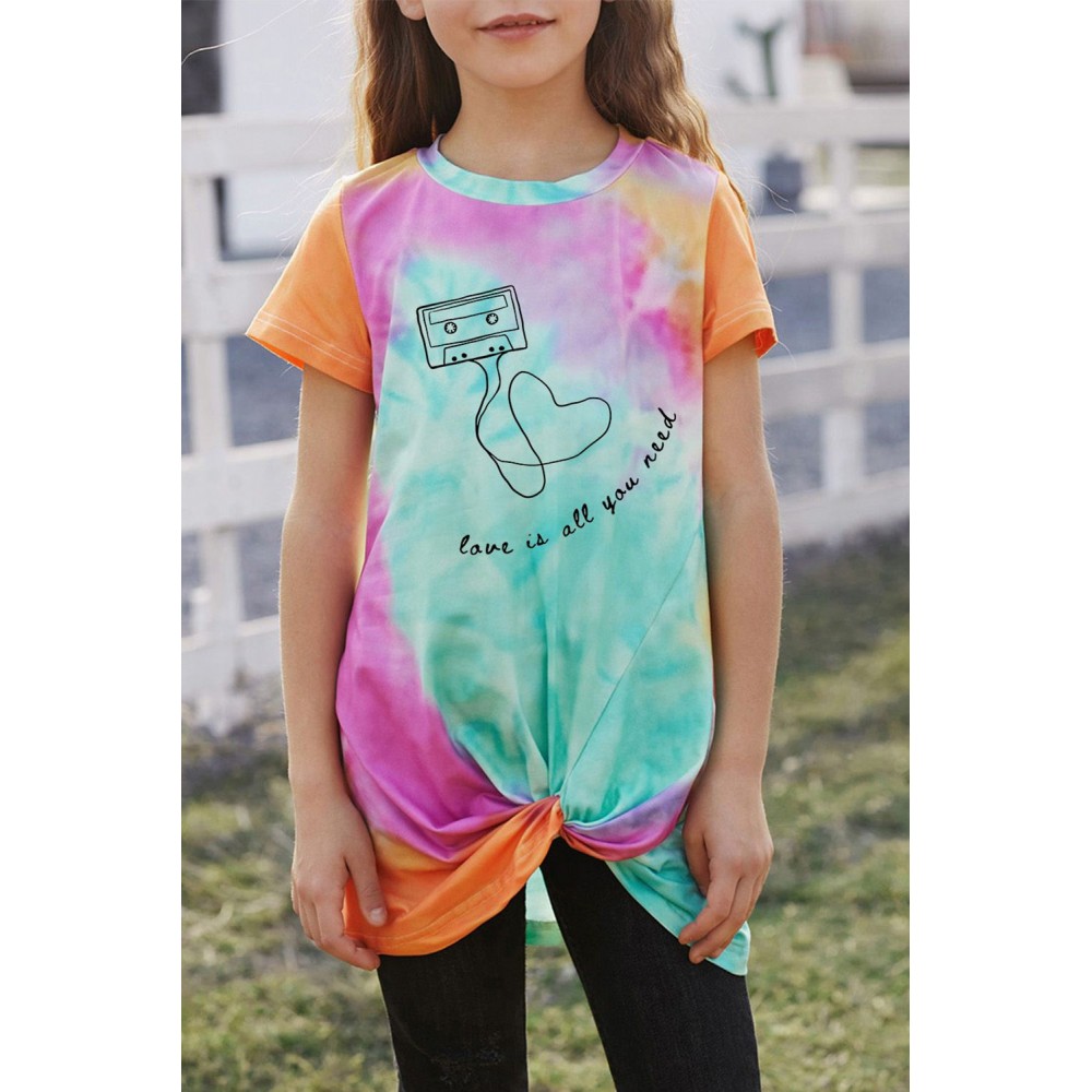 Orange Tie Dye Tape Letter Graphic Print Twist Knot Girl's T Shirt Orange Tie Dye Tape Letter Graphic Print Twist Knot Girl's T Shirt